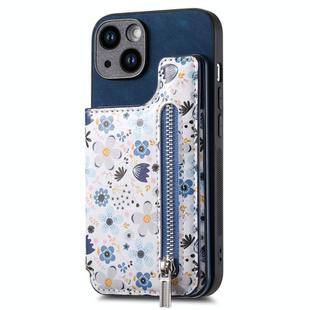 For iPhone 13 Retro Painted Zipper Wallet Back Phone Case(Blue)