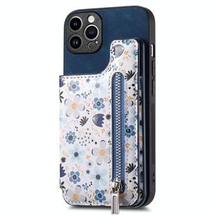 For iPhone 12 Pro Max Retro Painted Zipper Wallet Back Phone Case(Blue)