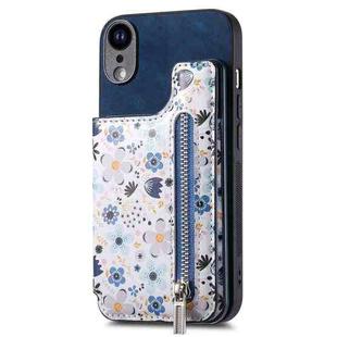 For iPhone XR Retro Painted Zipper Wallet Back Phone Case(Blue)