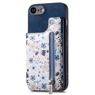 For iPhone 7 / 8 / SE 2022 Retro Painted Zipper Wallet Back Phone Case(Blue)