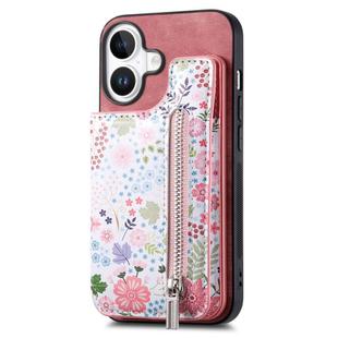 For iPhone 16 Plus Retro Painted Zipper Wallet Back Phone Case(Pink)