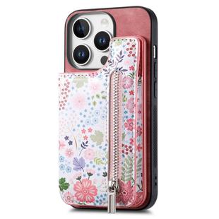 For iPhone 16 Pro Retro Painted Zipper Wallet Back Phone Case(Pink)