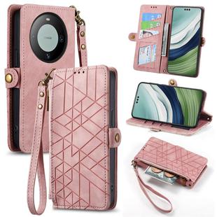 For Huawei Mate 60 Pro Geometric Zipper Wallet Side Buckle Leather Phone Case(Pink)