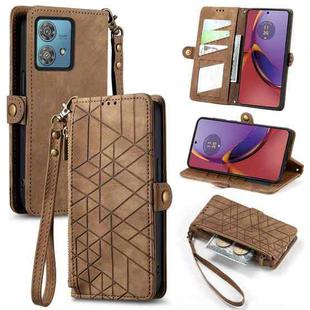 For Motorola Moto G84 Geometric Zipper Wallet Side Buckle Leather Phone Case(Brown)