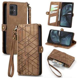 For Motorola Moto G14 Geometric Zipper Wallet Side Buckle Leather Phone Case(Brown)