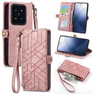 For Xiaomi 14 Geometric Zipper Wallet Side Buckle Leather Phone Case(Pink)