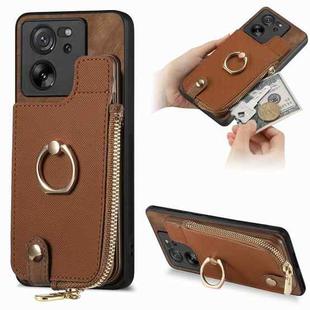 For Xiaomi 13T / 13T Pro Cross Leather Ring Vertical Zipper Wallet Back Phone Case(Brown)