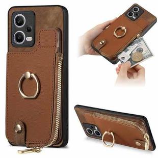 For Xiaomi Redmi Note 12 Pro 5G Cross Leather Ring Vertical Zipper Wallet Back Phone Case(Brown)