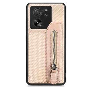For Xiaomi 13T / 13T Pro Carbon Fiber Flip Zipper Wallet Phone Case(Apricot)