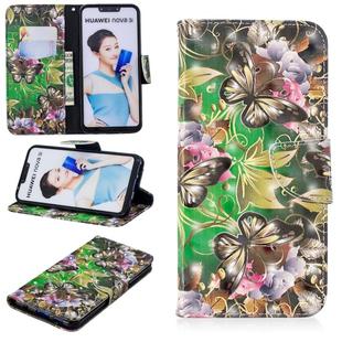 3D Colored Drawing Pattern Horizontal Flip Leather Case for  Huawei Nova 3i & P Smart Plus,  with Holder & Card Slots & Wallet(Green Butterfly)