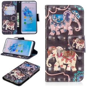 3D Colored Drawing Pattern Horizontal Flip Leather Case for  Huawei Honor 7A&Y6, with Holder & Card Slots & Wallet(Two Elephants)