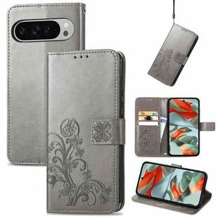 For Google Pixel 9 Pro XL Four-leaf Clasp Embossed Leather Phone Case(Grey)