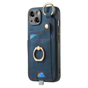 For iPhone 14 Pro Retro Skin-feel Ring Card Bag Phone Case with Hang Loop(Blue)