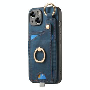 For iPhone 14 Pro Max Retro Skin-feel Ring Card Bag Phone Case with Hang Loop(Blue)