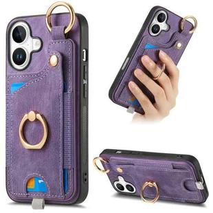 For iPhone 16 Plus Retro Skin-feel Ring Card Bag Phone Case with Hang Loop(Purple)