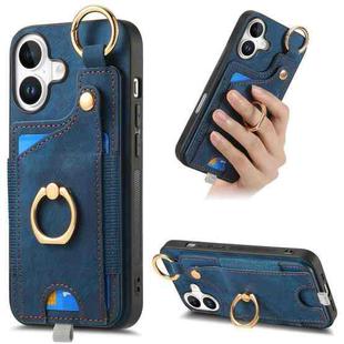 For iPhone 16 Plus Retro Skin-feel Ring Card Bag Phone Case with Hang Loop(Blue)