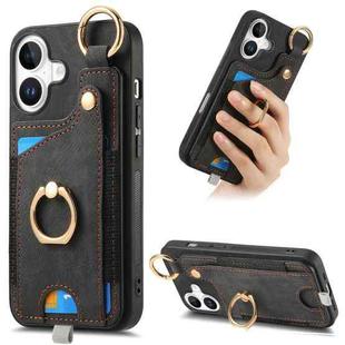 For iPhone 16 Plus Retro Skin-feel Ring Card Bag Phone Case with Hang Loop(Black)