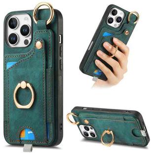 For iPhone 16 Pro Max Retro Skin-feel Ring Card Bag Phone Case with Hang Loop(Green)