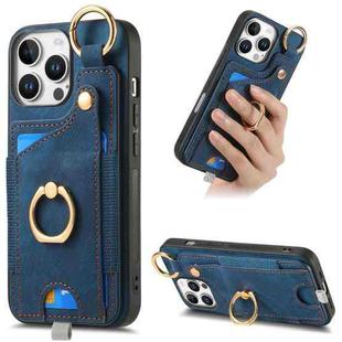 For iPhone 16 Pro Max Retro Skin-feel Ring Card Bag Phone Case with Hang Loop(Blue)