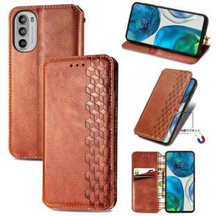 For Motorola Moto G52 Cubic Grid Pressed Magnetic Leather Phone Case(Brown)