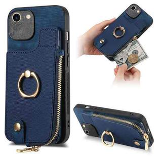 For iPhone 7/8 / SE 2022 Cross Leather Ring Vertical Zipper Wallet Back Phone Case(Blue)