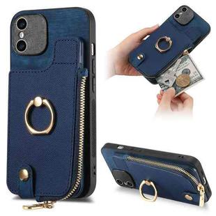 For iPhone X / XS Cross Leather Ring Vertical Zipper Wallet Back Phone Case(Blue)