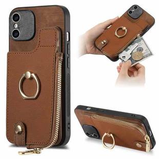 For iPhone XS Max Cross Leather Ring Vertical Zipper Wallet Back Phone Case(Brown)