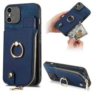 For iPhone XS Max Cross Leather Ring Vertical Zipper Wallet Back Phone Case(Blue)