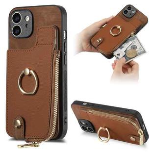 For iPhone 11 Cross Leather Ring Vertical Zipper Wallet Back Phone Case(Brown)