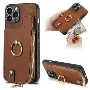 For iPhone 11 Pro max Cross Leather Ring Vertical Zipper Wallet Back Phone Case(Brown)
