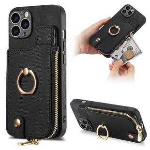 For iPhone 11 Pro max Cross Leather Ring Vertical Zipper Wallet Back Phone Case(Black)