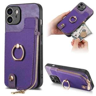 For iPhone 12 Cross Leather Ring Vertical Zipper Wallet Back Phone Case(Purple)