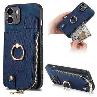 For iPhone 12 Cross Leather Ring Vertical Zipper Wallet Back Phone Case(Blue)