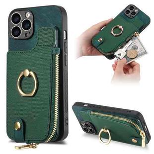 For iPhone 12 Pro Cross Leather Ring Vertical Zipper Wallet Back Phone Case(Green)