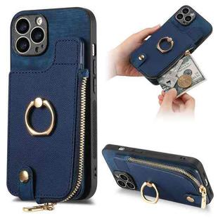 For iPhone 12 Pro Cross Leather Ring Vertical Zipper Wallet Back Phone Case(Blue)