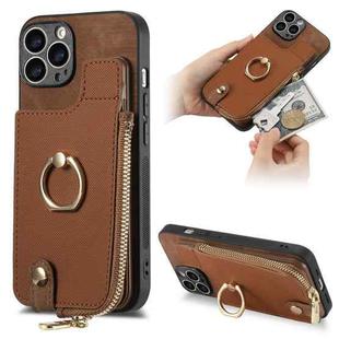For iPhone 12 Pro Max Cross Leather Ring Vertical Zipper Wallet Back Phone Case(Brown)