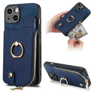 For iPhone 13 Cross Leather Ring Vertical Zipper Wallet Back Phone Case(Blue)