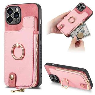 For iPhone 13 Pro Cross Leather Ring Vertical Zipper Wallet Back Phone Case(Pink)