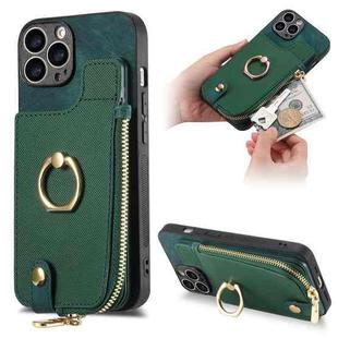 For iPhone 13 Pro Max Cross Leather Ring Vertical Zipper Wallet Back Phone Case(Green)