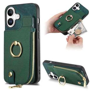 For iPhone 16 Cross Leather Ring Vertical Zipper Wallet Back Phone Case(Green)