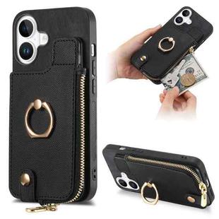 For iPhone 16 Cross Leather Ring Vertical Zipper Wallet Back Phone Case(Black)