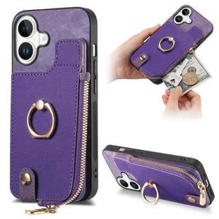 For iPhone 16 Plus Cross Leather Ring Vertical Zipper Wallet Back Phone Case(Purple)