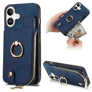 For iPhone 16 Plus Cross Leather Ring Vertical Zipper Wallet Back Phone Case(Blue)