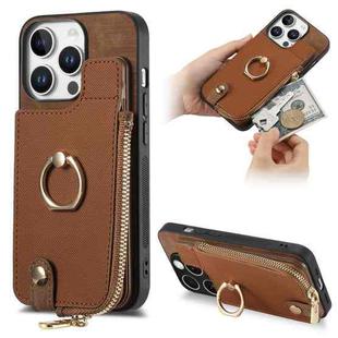 For iPhone 16 Pro Cross Leather Ring Vertical Zipper Wallet Back Phone Case(Brown)