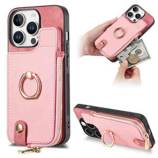 For iPhone 16 Pro Cross Leather Ring Vertical Zipper Wallet Back Phone Case(Pink)