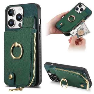 For iPhone 16 Pro Max Cross Leather Ring Vertical Zipper Wallet Back Phone Case(Green)