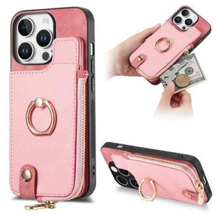 For iPhone 16 Pro Max Cross Leather Ring Vertical Zipper Wallet Back Phone Case(Pink)