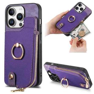 For iPhone 16 Pro Max Cross Leather Ring Vertical Zipper Wallet Back Phone Case(Purple)