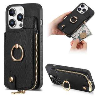 For iPhone 16 Pro Max Cross Leather Ring Vertical Zipper Wallet Back Phone Case(Black)