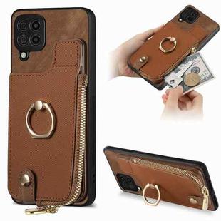 For Samsung Galaxy A12 5G Cross Leather Ring Vertical Zipper Wallet Back Phone Case(Brown)